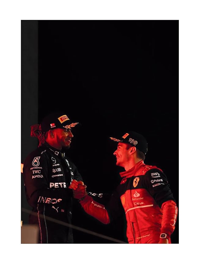 Lewis Hamilton & Charles Leclerc Podium Handshake Poster | Formula 1 Sportsmanship Moment | F1 Legends Artwork | Mercedes and Ferrari Racing Wall Art