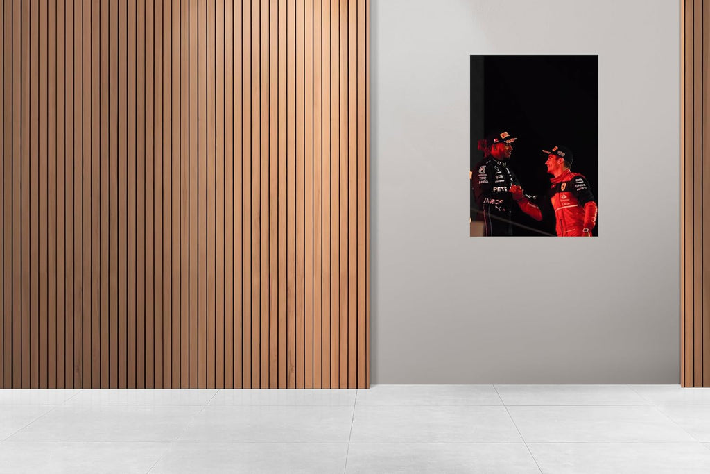 Lewis Hamilton & Charles Leclerc Podium Handshake Poster | Formula 1 Sportsmanship Moment | F1 Legends Artwork | Mercedes and Ferrari Racing Wall Art