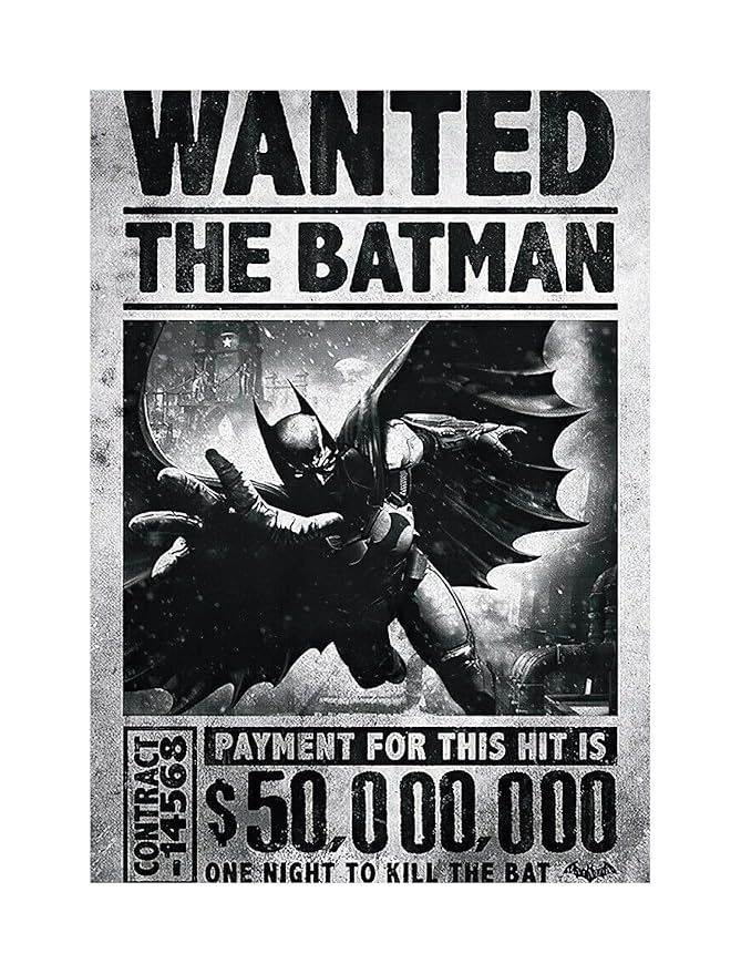 Batman Wanted Poster | Dark Knight Bounty Design Wall Art | Superhero Graphic Print for Bedroom, Man Cave, Office or Gaming Room | Unframed Vintage-Style Decor