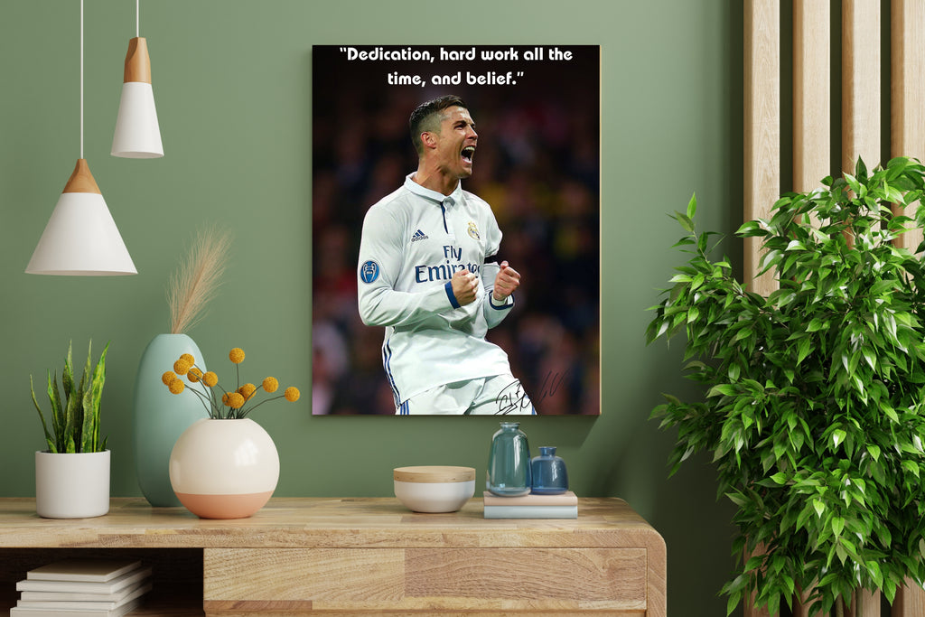 Cristiano Ronaldo Motivational Poster – A3 Size Wall Art with Quote “Dedication, Hard Work All the Time, and Belief” – Inspirational Soccer Print for Bedroom, Office, or Gym
